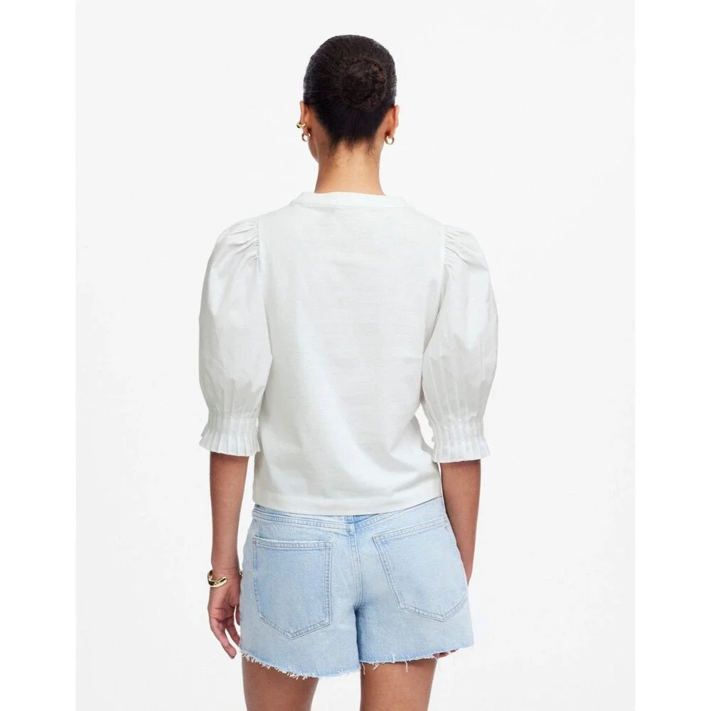 Madewell XXS Puff Half Sleeve Knit Top White Cotton Poplin Pleated Crewneck NWT